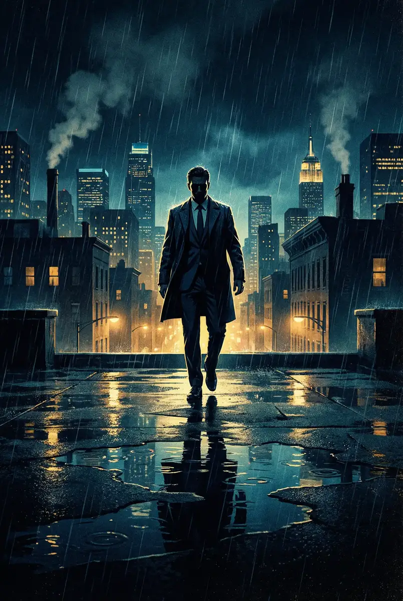 陈见飞三级 出品影片《雨夜独行者》海报，雨中城市屋顶男性剪影